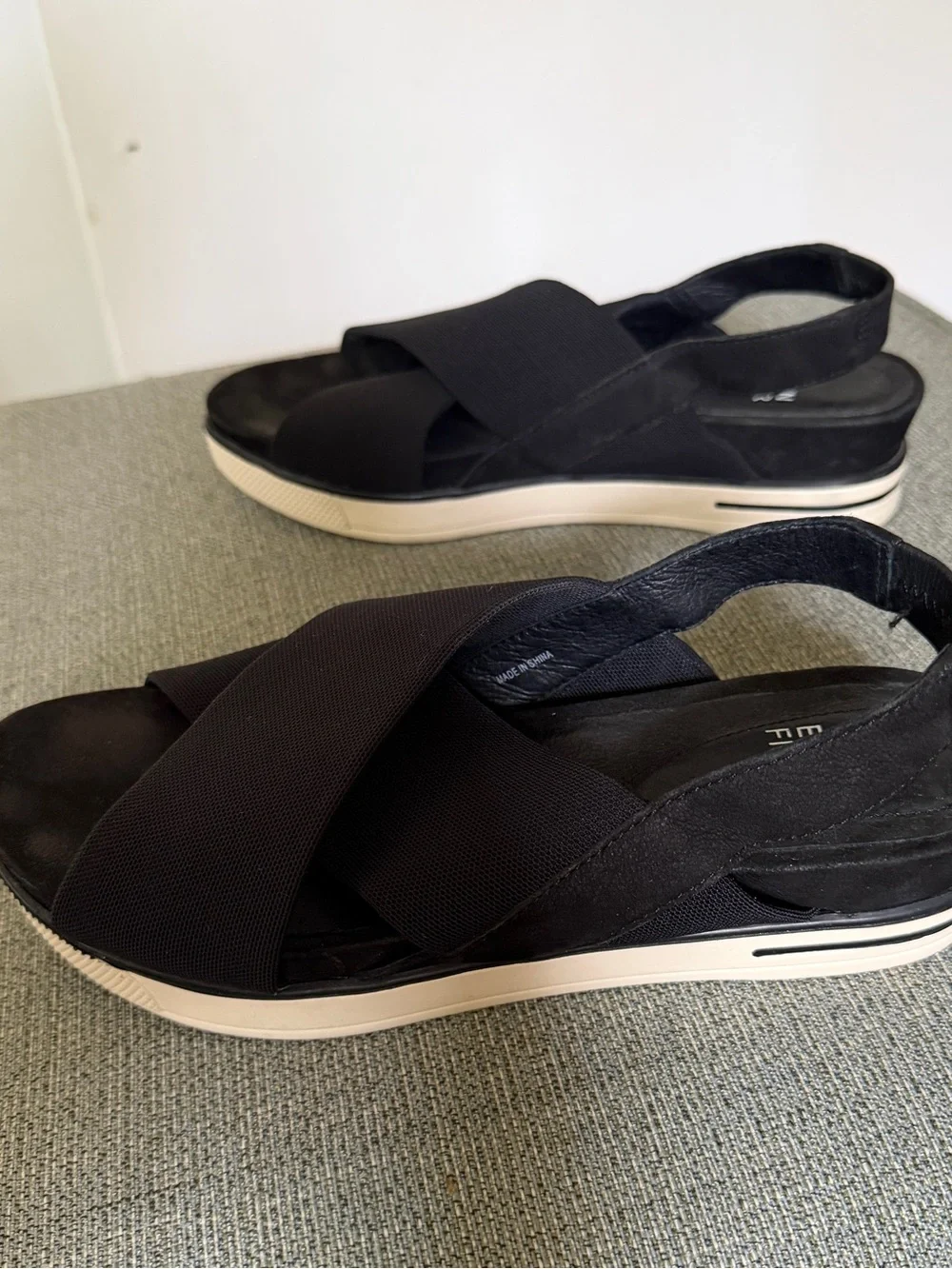 Eileen Fisher Black Criss-Cross Wedge Slingback Sandals